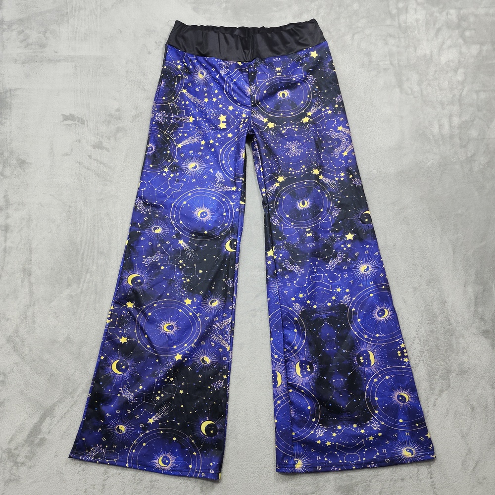 Galaxy Print Pants Womens XL Blue Wide Leg Pull On Celestial Star Moon Gypsy